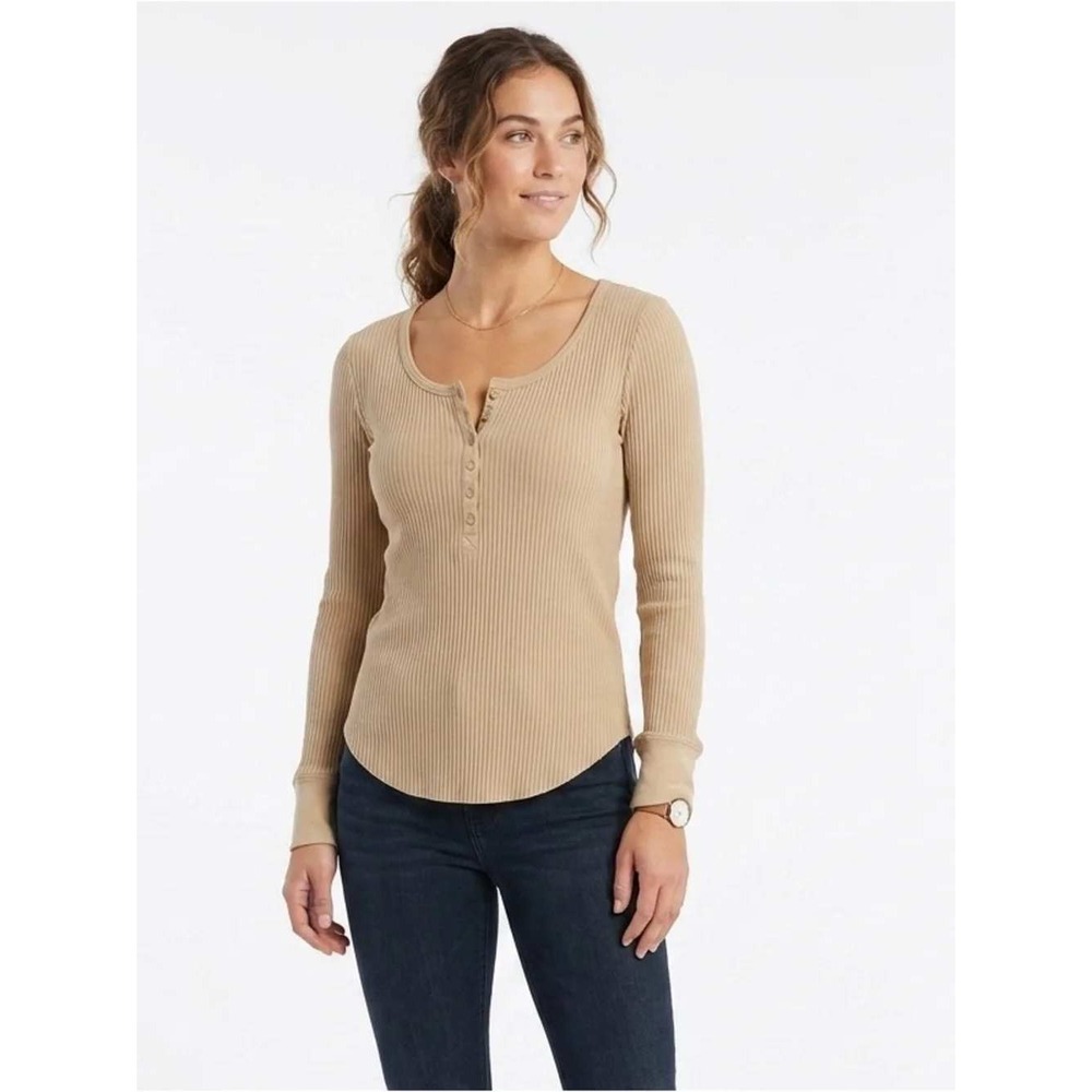 Aerie Womens XL Tan Ribbed Henley Long Sleeve Scoop Neck Button Front‎ Top